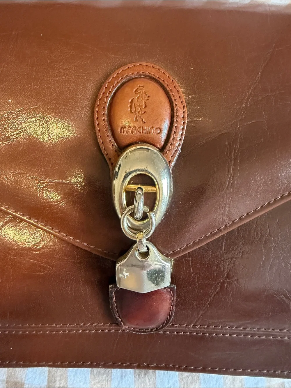 Vintage Marchino Via Moda Classic Brown Leather Satchel with Polished Clasp